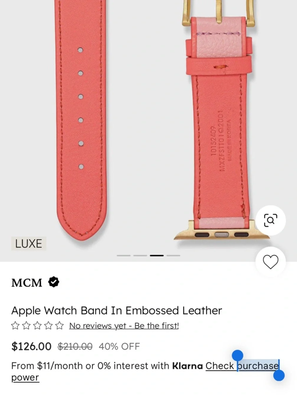 MCM Two-Tone Pink Leather Apple Watch Band with Gold Hardware 42-49